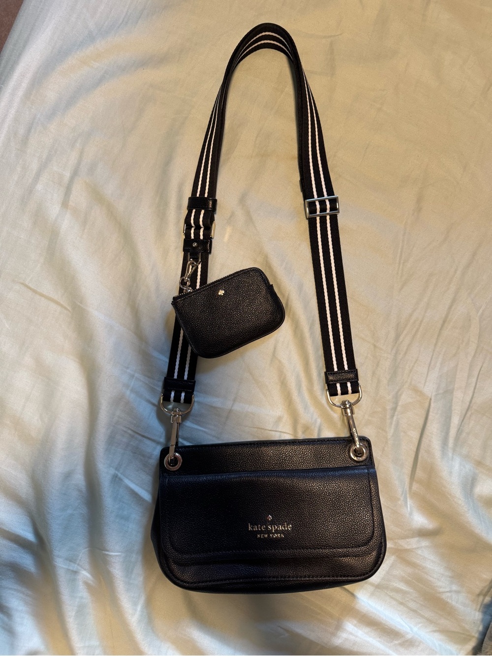 kate spade Black Pebbled Leather Crossbody with Striped Strap